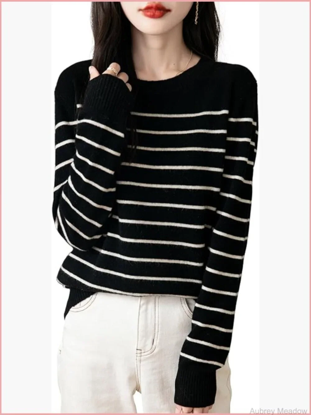 100% Merino Wool Crew Neck Striped Long Sleeve Pullover Sweater